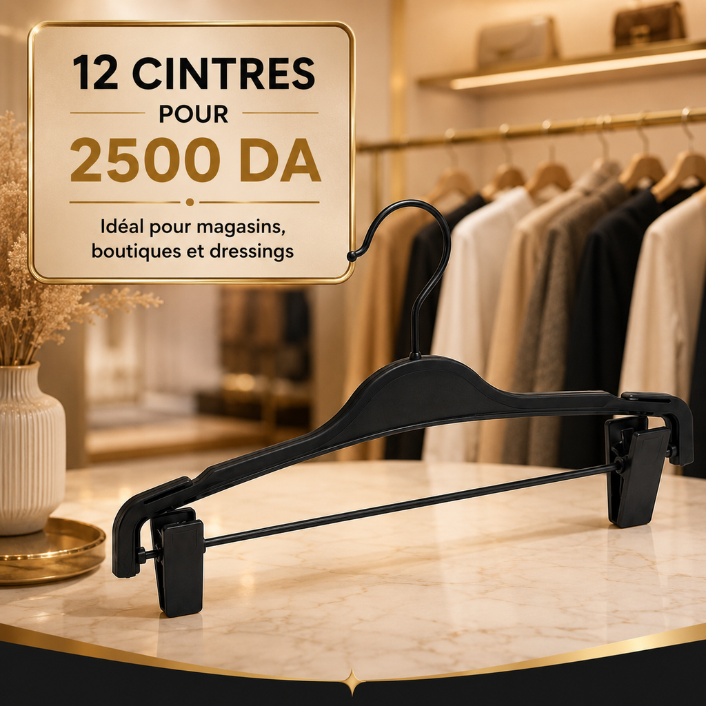 Cintres à pinces noirs — Pack 12 pièces