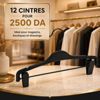 Cintres à pinces noirs — Pack 12 pièces