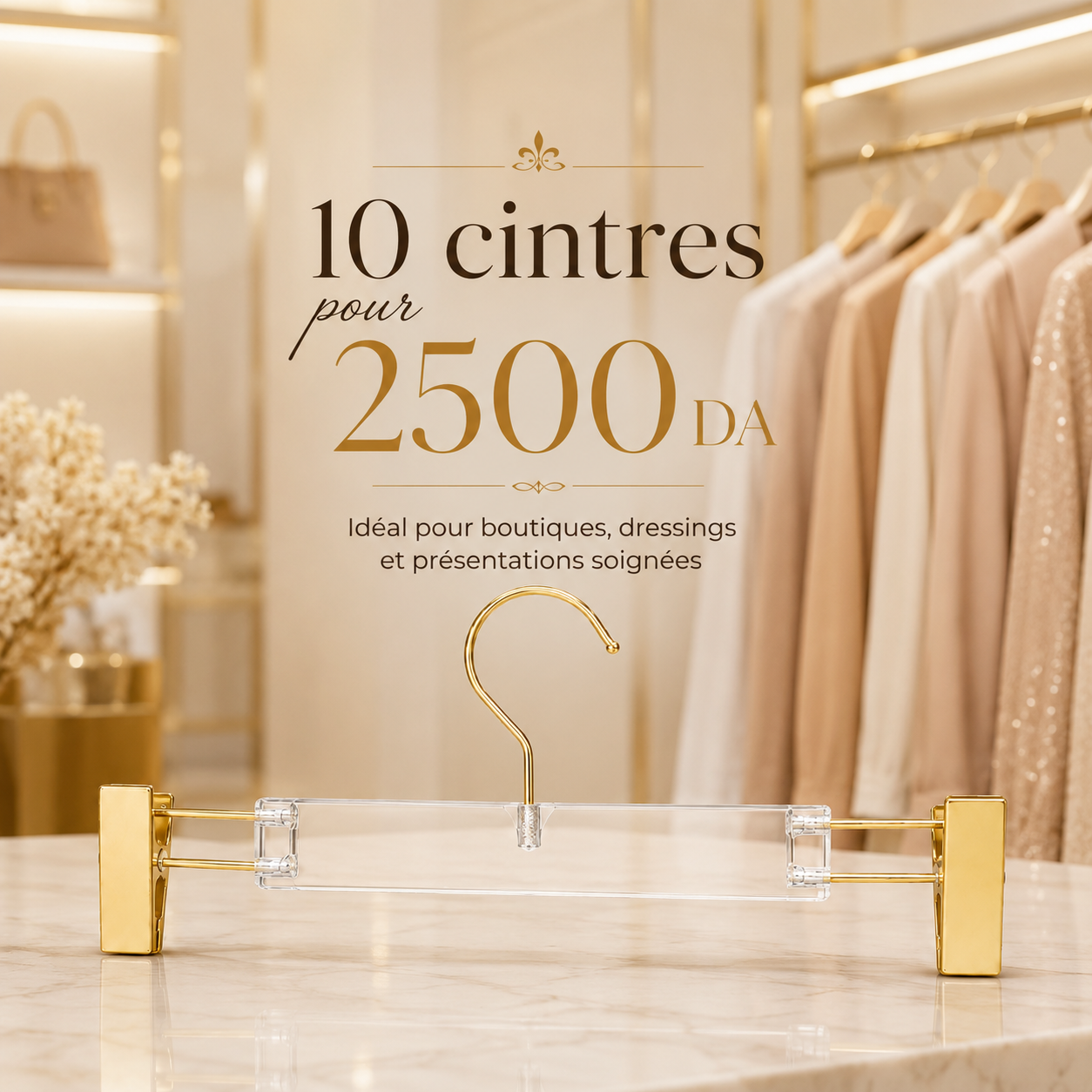 Cintres transparents dorés à pinces — Pack 10 pièces