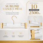 Cintres transparents dorés à pinces — Pack 10 pièces