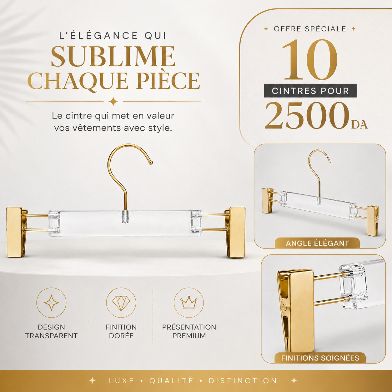Cintres transparents dorés à pinces — Pack 10 pièces