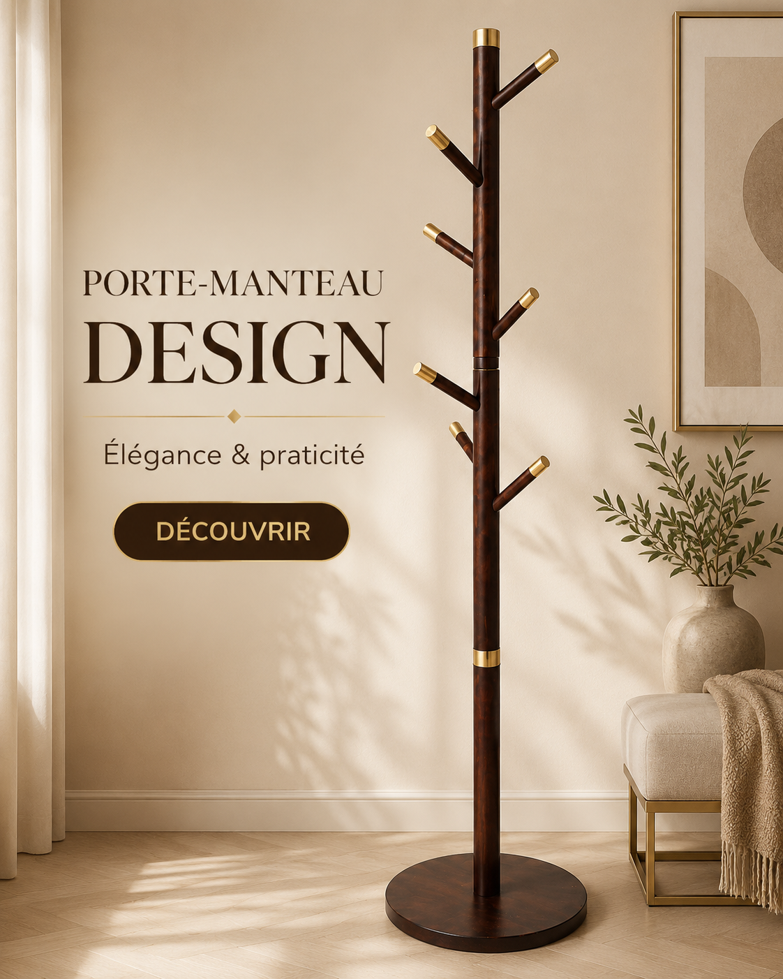 Porte-manteau design effet bois et doré
