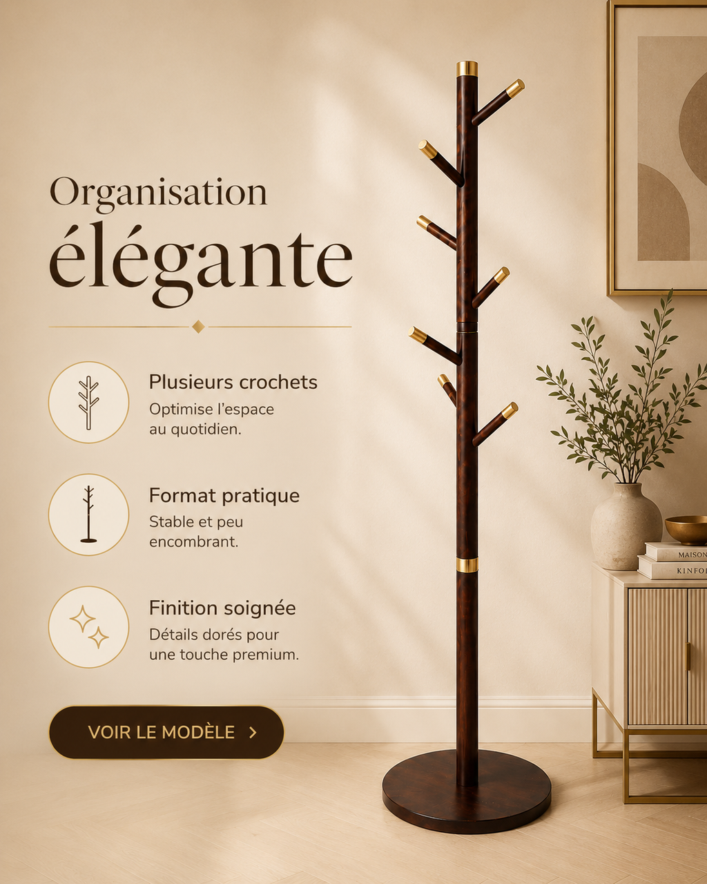 Porte-manteau design effet bois et doré