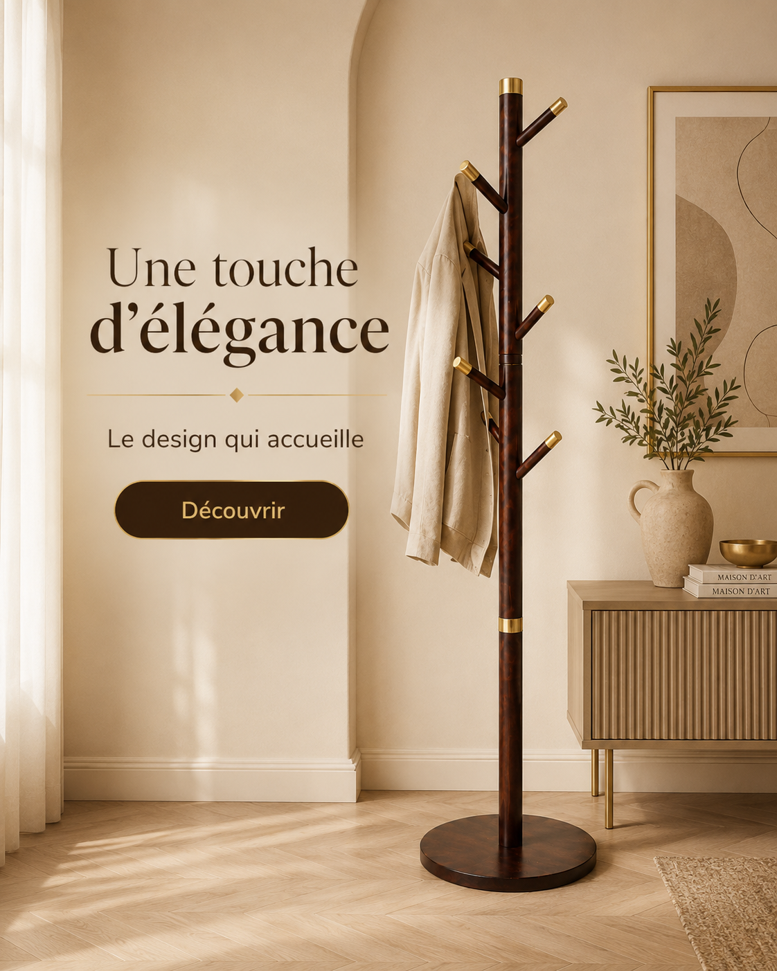 Porte-manteau design effet bois et doré