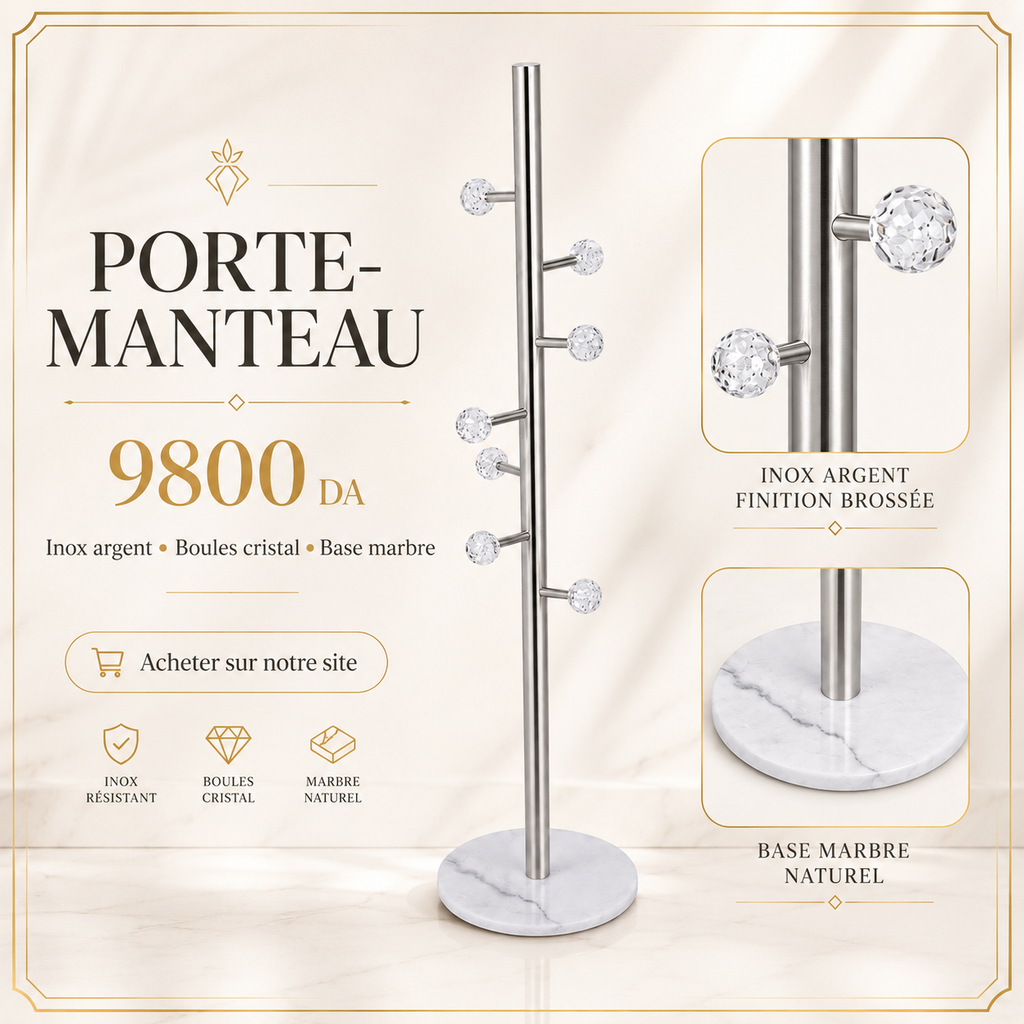 Porte-manteau inox argenté avec base marbre
