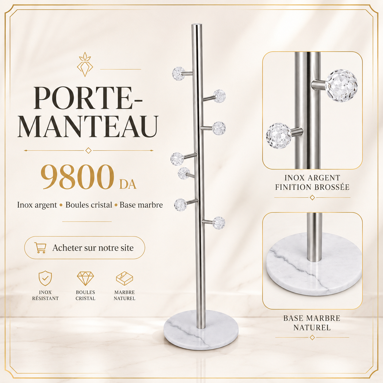 Porte-manteau inox argenté avec base marbre